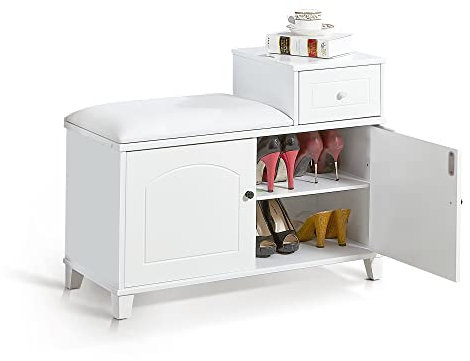 Organizedlife Shoe Bench, Storage Bench, Adjustable Padded Seat Cushion, Removable Storage Compartments Drawer, Door Opening Shoe Shelf Cabinet, Entryway, 80x36x60CM, White