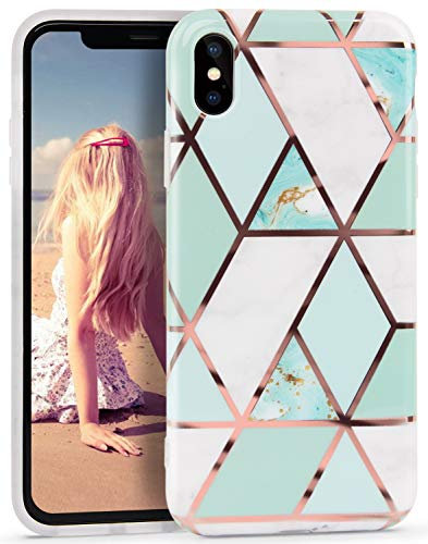 Imikoko iPhone X Case, iPhone Xs Phone Cover,Bling Glitter Sparkle Marble Rose Gold Splice Design Glossy TPU Soft Rubber Silicone Case for iPhone X/Xs 5.8 Inch - White Green