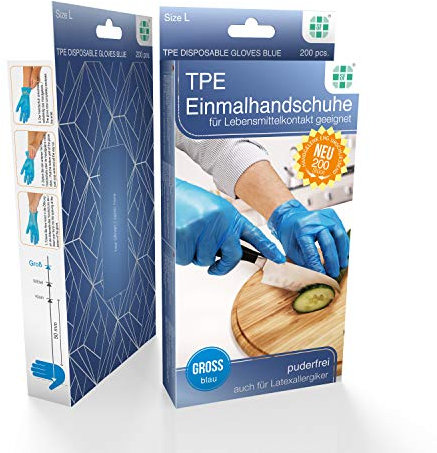 SF TPE Einmalhandschuhe, Größe L, 200 St./Box, Einweghandschuhe, Untersuchungshandschuhe, TPE Handschuhe, puderfrei, ohne Latex, unsteril, latexfrei, Lebensmittelhandschuhe