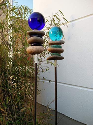 Zen Man 2St.Gartenstecker mit Galskugel Stein Gartenfigure Gartendeko Handarbeit B6cm * H115cm