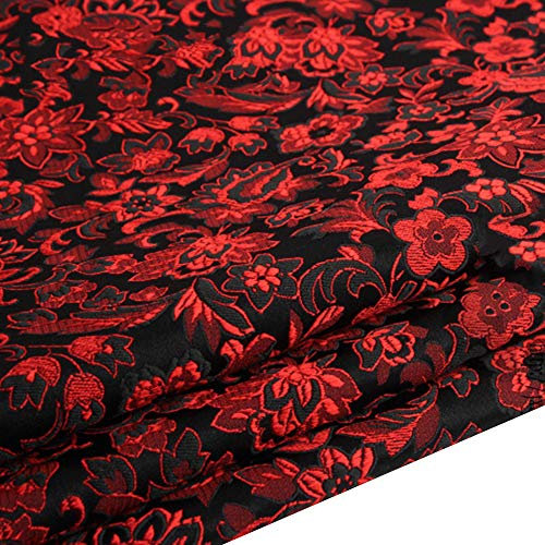 YM YOUMU Chinesischer Blumen-Stickerei Brokatstoff Seidiger Satin-Stoff (Verkauft per Meter, Schwarz Rot)