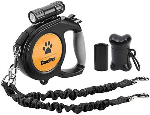 BINGPET Ausziehbare Hundeleine mit Abnehmbarer Taschenlampe und Kotbeutelspender – strapazierfähiges, austauschbares Bungee-Seil