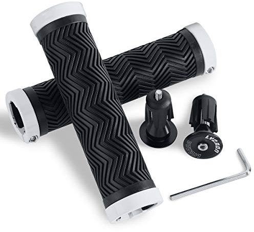 LYCAON Ergonomic Fahrradgriffe mit 2 Dehnbaren Aluminium-Endkappen, Fahrradlenker-Griffe für BMX/Dirt/Downhill/Kinderf/MTB/Mountain/Straßen/Stadt/Fahrrad/Scooter/Motorroller (Weiß - Erweiterbar)