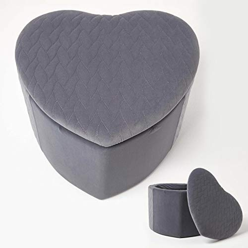 HOMESCAPES Samthocker Arundel in Herz-Form, grauer Fußhocker mit Stauraum, Samt-Polsterhocker mit abnehmbarem Deckel, ideal als Schminkhocker, dekorativer Pouf, Fußschemel oder Deko-Hocker, 33 cm hoch