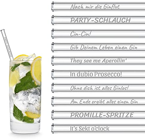 HALM Glasstrohhalme Trinksprüche Edition XL Party-Pack 20 Stück 20 cm lang mit gravierten lustigen Trinksprüchen in Deutsch Strohhalm Trinkhalm Glasstrohalm Gin-Tonic Geschenk