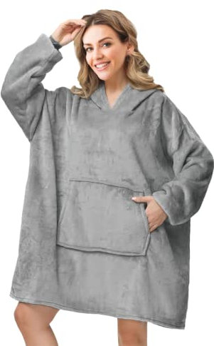 Tragbare Decke, Kapuzenpullover, bequemes Decken-Sweatshirt, übergroßer Kapuzenpullover, Polyester-Sherpa-Futter mit Ärmeln und Riesentasche, weicher Decken-Hoodie für Frauen, Männer, Familie (Grau)