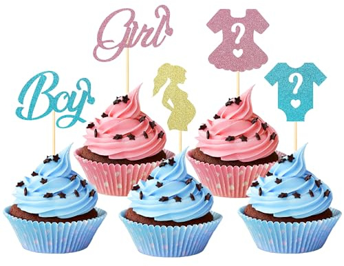 Sotpot 25PCS Boy or Girl Cupcake Toppers Glitter Gender Reveal Cupcake Toppers for Boy or Girl Theme Baby Shower Birthday Party Cake Decorations