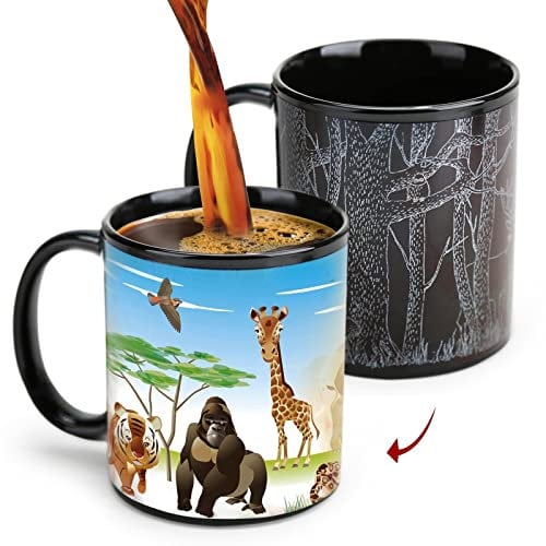 MUGKISS Zoo Tasse à café à changement de couleur de 325 ml, motif animal dans la forêt, tasse à thé magique en céramique personnalisée, pour enfant, membre de la famille ou des amis.