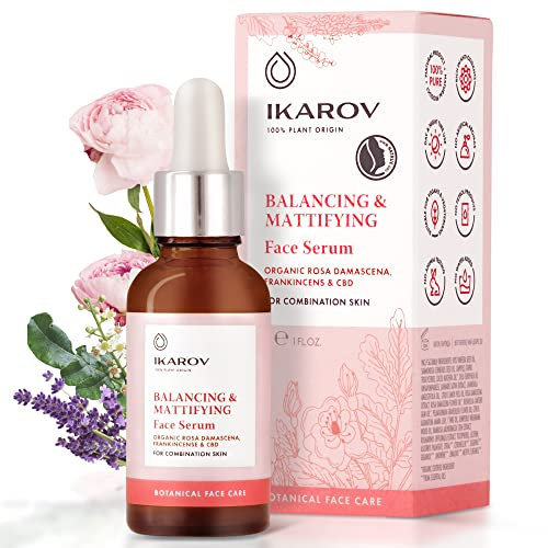 Ikarov Face Serum, 30 ml, Zertifiziert Natürlich mit Bulgarischer Rosa Damascena – Rosenöl Anti-Aging Serum für Misch & Fettige Haut (Balancing & Mattifying)