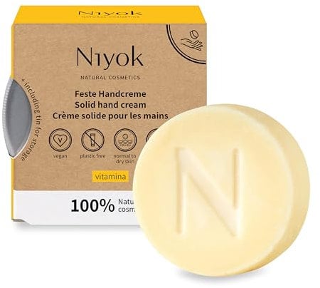 Niyok® Feste Handcreme Vitamina (50g) • Feuchtigkeitspflege Hand Creme mit Vitamin E • Schnell einziehend • Natürliche Handcreme • Für trockene Hände • Plastikfrei & Vegan