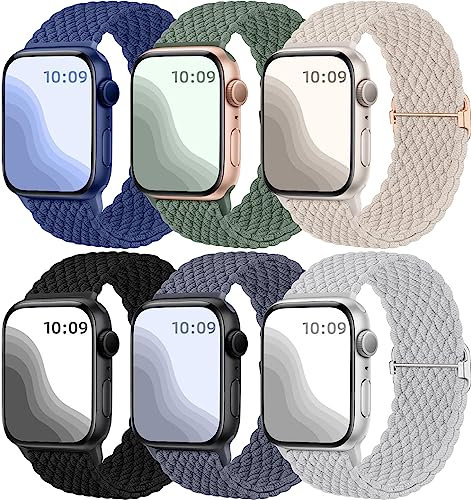 Maledan 6 Stück Geflochtenes Armband Kompatibel mit Apple Watch Armband 40mm 41mm 38mm 42mm Damen Herren, Elastisches Nylon Sport Solo Loop Ersatzband für iWatch SE Series 10 9 8 7 6 5 4 3 2 1 Ultra