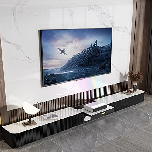 POVISON Supporto TV Moderno 320cm, Mobili TV Bianco e Nero in Pietra Sinterizzata, Mobile per Soggiorno con Cassetto e Ripiano Estraibile, Nessun Montaggio Richiesto, 320 * 45 * 28cm