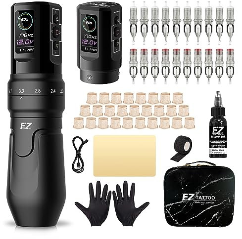 EZ P3 Pro Tattoo Maschinen Set - Tattoo Set mit 6 Hübe 2.0mm-4.2mm Rotations Tätowier maschine, Extra 1600mAh Akku Stromversorgung und Tattoo Tinte für Tattoo Anfänger und Künstler (Mattes Schwarz)