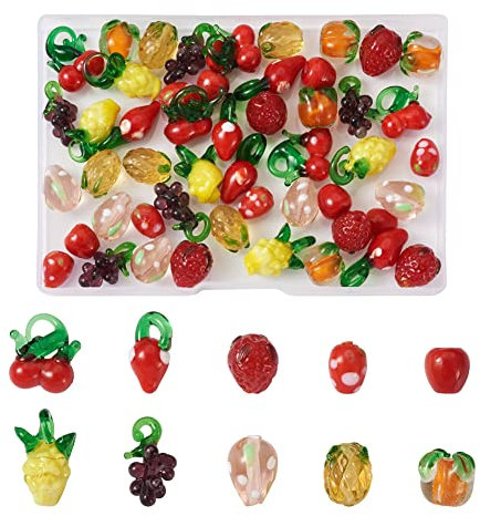 Boutigem 60 cuentas de frutas hechas a mano con manzana, caqui, piña, 3D, fresa, uva, cereza, cuentas de cristal para hacer joyas