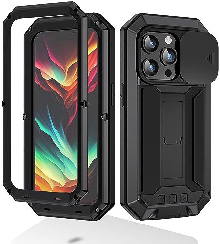 MIYIYQP Compatible With15 Pro Max 5G Case, Aluminum Metal Gorilla Glass Shockproof Heavy Duty Sturdy Protector Cover,with Sliding Camera Cover and Built-in Foldable Kickstand (Black-Ⅱ)
