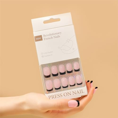 30pcs Short Square False Nails French Tip Stick on Nails Black Edge Press on Nails Removable Glue-on Nails Full Cover Ballerina Fake Nails Women Brides Nail Art Accessories (Pink/Black Edge)