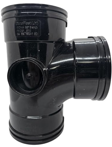 Duraplast UK™ Solvent Soil Waste 110mm 90 Degree Tee Branch | Black | Triple Socket | for 4 Inch Waste Pipe | Glue for Permanent Seal | No Rubber or Pushfit | Underground or Above Ground Drain