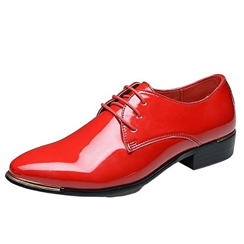 Ninepointninetynine Scarpe Eleganti da Uomo Stringate Scarpe Derby in Pelle Verniciata con Punta Liscia Lucida Tacco Largo Suola in Gomma Low Top Business (Color : Rosso, Size : 45 EU)