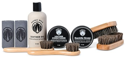Rhino Wax - Komplettes Sattelseife und Pferdezaumzeug-Set – beinhaltet: SaddleSoap – Lederspülung – Öl – Bürsten – Tücher – Reitbedarf (Stiefel, Zaumzeug, Sättel, Pferdesachen) – Hergestellt in den