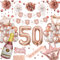 Rose Gold 50th Birthday Decorations - Glitter Circle Dot Hanging, Balloons, Paper Pom Poms, Banner