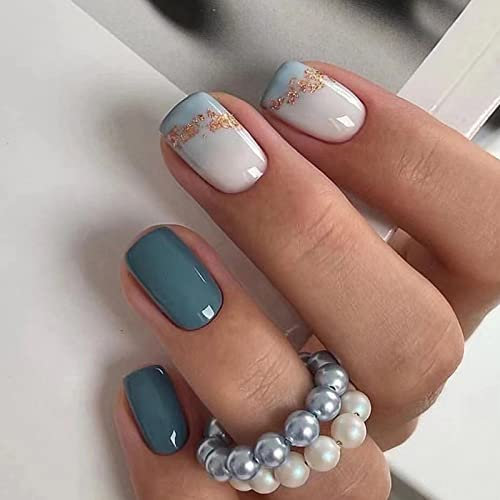 JUSTOTRY 24 Pcs Gold Glitter Short False Nails Pattern,White and Blue Square Press on Nails,Glossy Fake Nails Medium for Nail Art,Squoval French Stick on Nail for Women and Teens Gifts