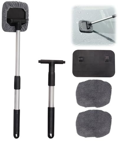 Auto Reinigungsset, Auto Scheibenreiniger mit Teleskop Griff, Auto Fensterreiniger mit Mikrofaserpads, 180° Drehbarer Kopf Windschutzscheiben Reiniger, Autoscheiben Reiniger für KFZ, Wohnmobil, LKW