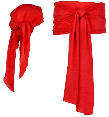 2 Stück Piraten Kopftuch Schärpe Gürtel Halloween Kostüm Bandana Gürtel Rot Kostüm Leinen Piratenkostüm Ubergroßes Piraten Kopftuch Piratengürtel Party Cosplay Rot Piraten Accessoires Set Halloween