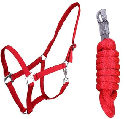 ARBO-INOX Halfter Set Beginner II Halfter + Führstrick mit Panikhaken verstellbar (Full Warmblut, Rot)