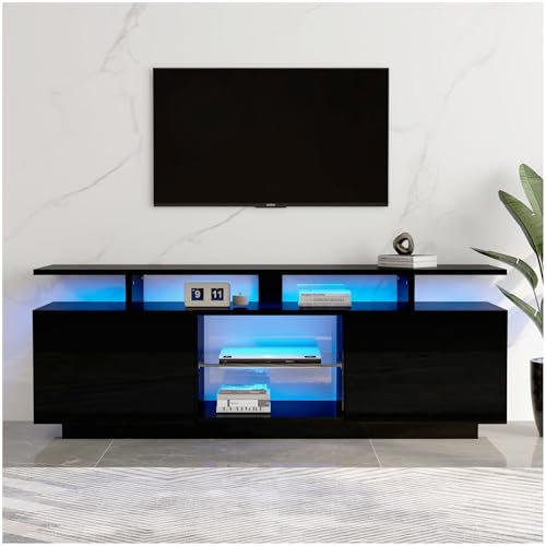 Sapgaks TV-Schrank mit LED-Beleuchtung, TV-Schrank schwarz mit 3 offenen Fächern, 2 Türen, 2 Schubladen, Hochglanz-TV-Schrank, 160 x 35 x 60 cm, Smart-App-Steuerung, für Fernseher 70 Zoll (D-schwarz)
