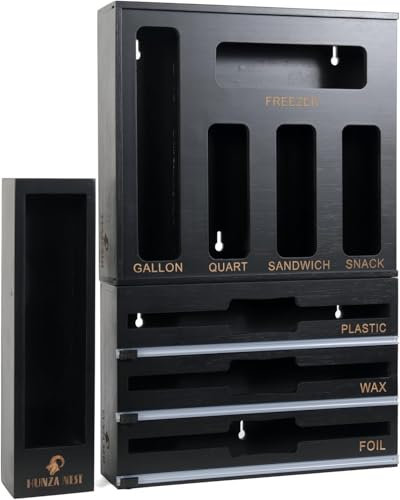 HUNZA NEST Set de Organisateur pour Cuisine en Bambou 9 en 1 Distributeur Film Alimentaire Aluminium,Organiseur de Sac de Rangement et boîte de Rangement de tiroir en 100% Bambou (Noir)