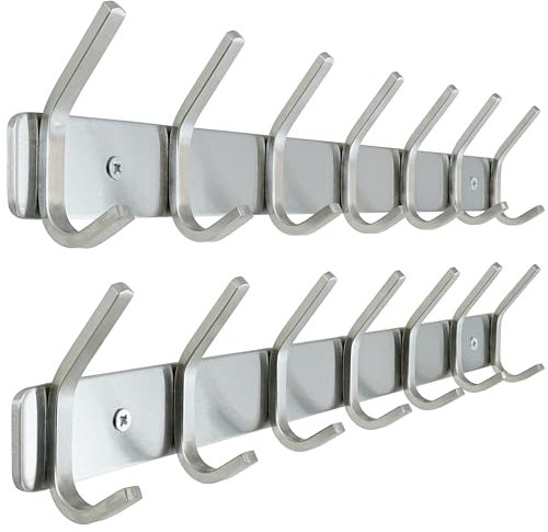 Honsky Garderobenhaken-Schwere,Garderobenleiste,Wandgarderobe,Hakenleiste mit 7 Doppelte Haken,Hakenleiste Garderobe für Jacken,Mäntel,Schals, Silber (2 Stück)