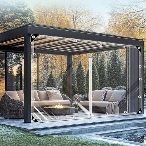 Ezcasch Clear Tarp with Zip 2x2m(Height x Width) Heavy Duty Clear Tarpaulin with Eyelets, 420g/m² Transparent Waterproof Plastic Tarpaulin for Patio Outdoor with Ropes and Ties