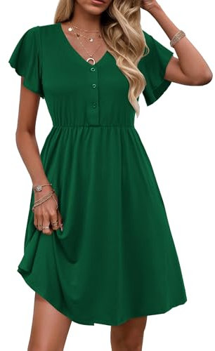 Zeagoo Sommerkleid Damen Rüschen Kurzarm Kleider Elegant V-Ausschnitt Swing Minikleid Hohe Taille Einfarbig Freizeitkleid Partykleid Grün S