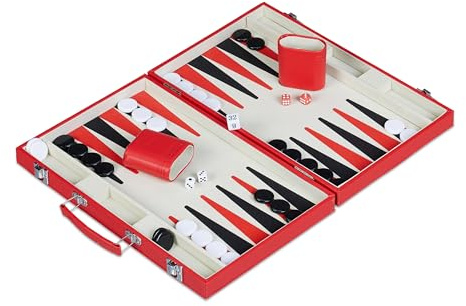 Relaxdays Backgammon Koffer, inkl. Zubehör, HxBxT: 5 x 36,5 x 24 cm, Elegante Lederoptik, Brettspiel, Würfelspiel, rot