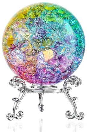 kanpura 60mm Ice Cracked Crystal Ball Paperweight with Stand Sphere Healing Crystals Glass Ball for Magic/Photography/FengShui/Witchy Gifts/and Christmas Home Decor (Colorful)
