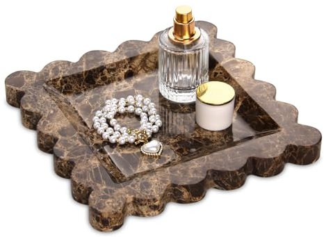 Marble Tray with Scalloped Edge,Luxury Natural Stone Bathroom Vanity Tray Decorative for Dresser Top Perfume Coffee Home Kitchen Sink Key Trinket Ring (Dark Brown, 20 x 20 cm)