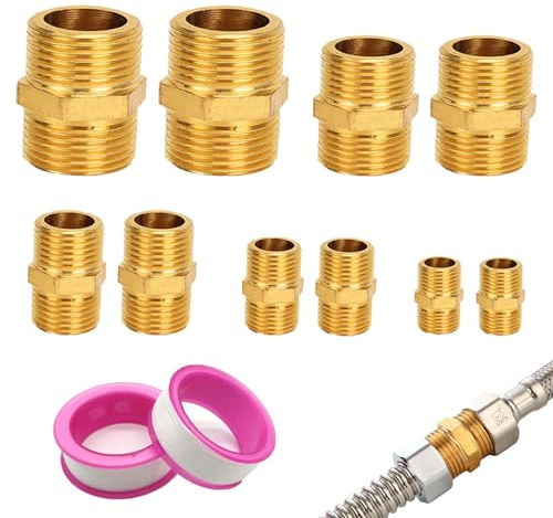 10PCS Double Mâle Joint de Tuyau 3/4 1/2 3/8 1/4 1/8 In, FORMVERSITY Mamelon Laiton Égal Mâle, 3/4 Raccord Fileté Laiton, Double Mamelon Hexagonal pour Le Raccordement des Tuyaux