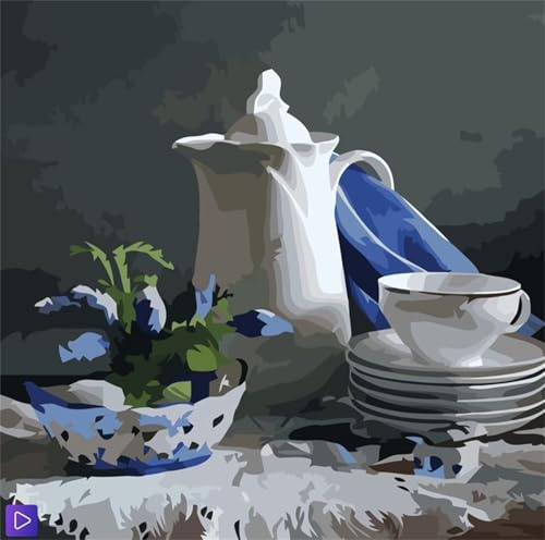Malen nach Zahlen Erwachsene,Teeservice Stillleben Malen Nach Zahlen Set für Anfänger DIY Digital Ölgemälde Kits auf Leinwand mit Pinseln und Acrylpigment ohne Rahmen für Home Wall Decor 50x50cm