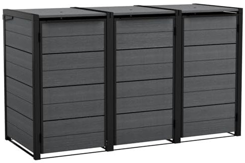 Keter 240L Hideaway 3-Bin Storage Unit | Evotech Wood-Effect, Weather-Resistant | Fits Three 240L Wheelie Bins | Steel & Aluminium Frame | Hydraulic Lids for Easy Access | Outdoor Bin Store