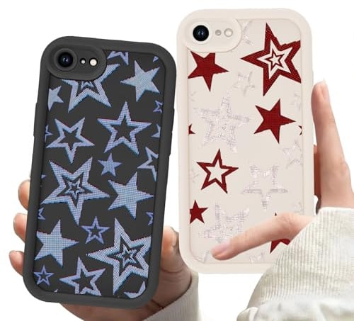Zrutru 2 Pack Cool Stars Phone Case for iPhone SE 2022/SE 2020/8/7 4.7,Cute Y2K Blue Red Star Cases Aesthetic Trendy Design Cover for Women Men Girls,Black White Slim Protection SE 2022/2020/8/7
