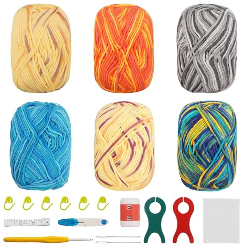 FALSKT Crochet Yarn Assorted Double Knitting Wool 6X50g Multicoloured Acrylic Yarn Crochet Wool with Crochet Hooks Stitch Markers for DIY Amigurumi Craft Blankets Shawls Socks Dolls（5-Ply）