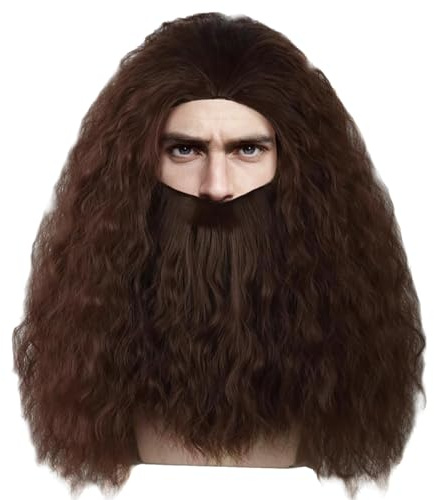 YOUYIKE Zauberer PerüCke Herren Magier Prophet Lang PerüCke & Bart für Halloween Karneval Cosplay Wig (Dunkelbraun)