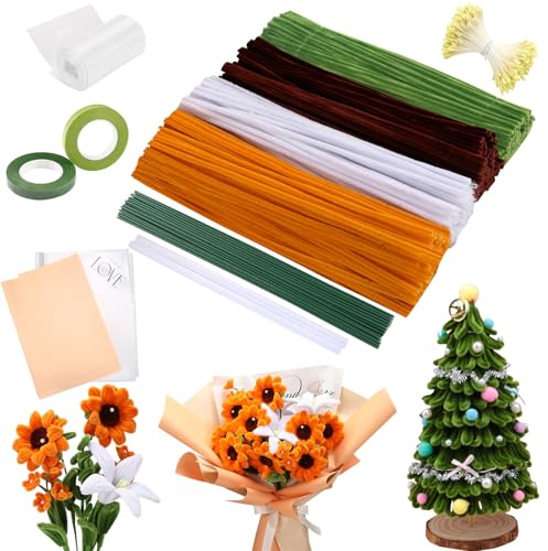 400 Pcs Gradient yellow Pipe Cleaners Flower Kit, Chenille Stems DIY Art Craft Supplies with Tutorial, Pearls, Pompoms, Green Floral Wires, Gardening Tape & Stamen - Creative Gift for Handmade Lovers