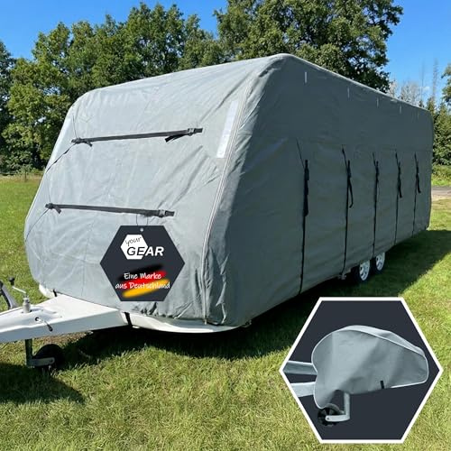 your GEAR Wohnwagenabdeckung Bonito 510-550 cm – 4-lagige Wohnwagenschutzhülle – Caravan Cover wasserdicht & atmungsaktiv – Inkl. Deichselhaube – 230-250 cm Breite – Grau