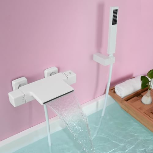 SHANFO Badewannenarmatur Thermostat, Wasserfall Wannenarmatur mit Handbrause, Armatur Badewanne mit Brause, Wannenbatterie Set, Messing, Weiß, 4Y6OK