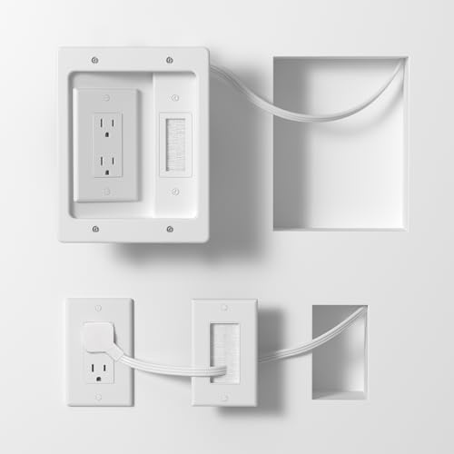 Wall Cable Management Kit, TV Cable Wall Kit with Brush Wall Plate and 9.8ft Cord, 2 AC Outlets, Recessed Outlet Box for Wall Mount, TV, Cinema
