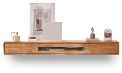 Floating TV Bench Wall Mounted Unit, Space-Saving Wooden TV Cabinet for Living Room, Durable Rubberwood Material