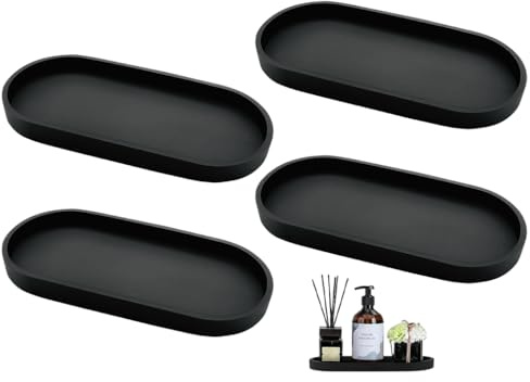 Abiyou 4 Piezas Bandeja Baño, Bandejas Decorativas para Baño, Bandeja de Silicona Negra,Bandeja Rectangular Antideslizante de Resina de Cuarto de Baño,para Baños,Cocinas,Tocadores,Decoración del Hogar