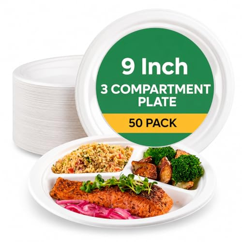 The Happy Garden Bagasse Plates 3 Compartment (9 Inch, Pack of 50) - Compostable Sugarcane Disposable Plate, Heavy Duty, Microwave & Freezer Safe, Ideal for Parties