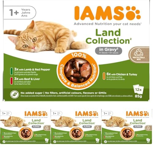IAMS Delights Land Collection Katzenfutter Nass - Multipack mit Fleisch Sorten (Lamm, Rind, Huhn & Pute) in Sauce, Nassfutter für Katzen ab 1 Jahr, 12 x 85g (Packung mit 4)